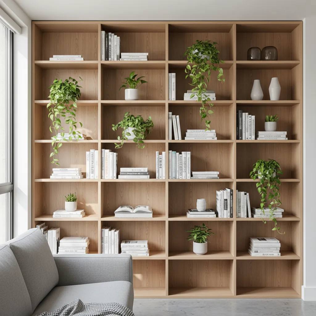 Large wooden bookshelf filled with various books potted green plants and white vases near window