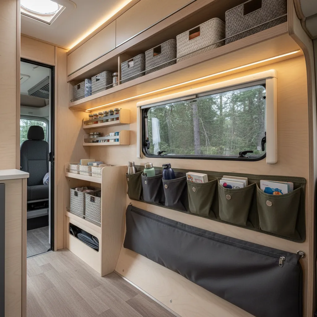 Sistema de almacenamiento vertical dentro de una caravana