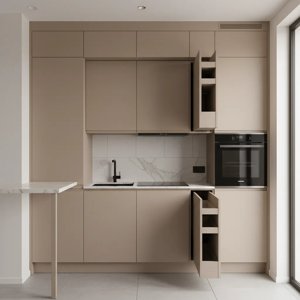Cocina pequeña con muebles altos hasta el techo