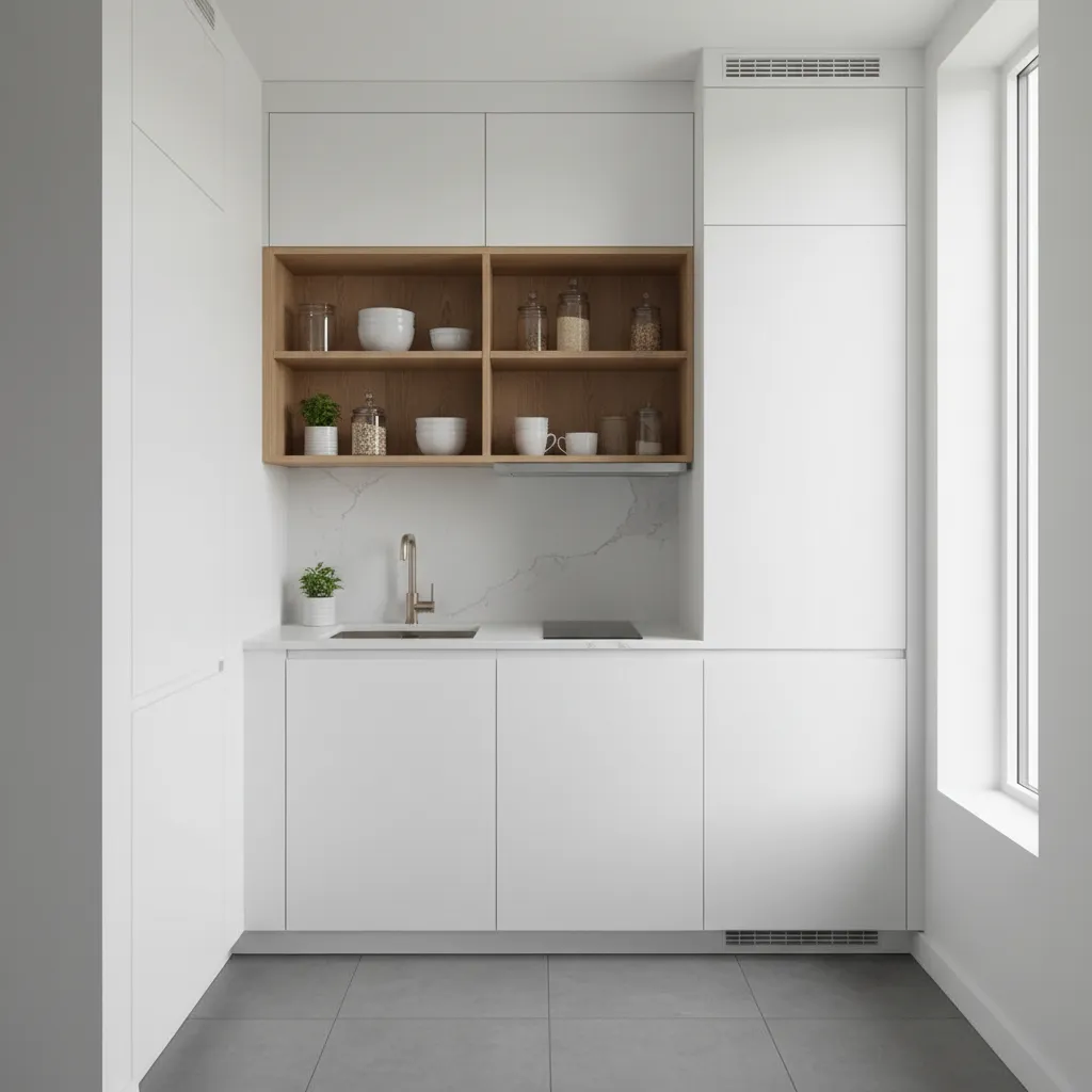 Cocina pequeña con muebles altos hasta el techo para maximizar almacenamiento