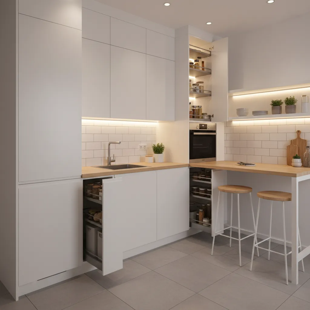 Gabinetes de cocina hasta el techo en cocina pequeña