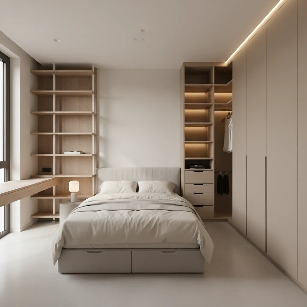 Minimalist bedroom with bed integrated wall shelves open wardrobe with lighting and simple wooden desk
