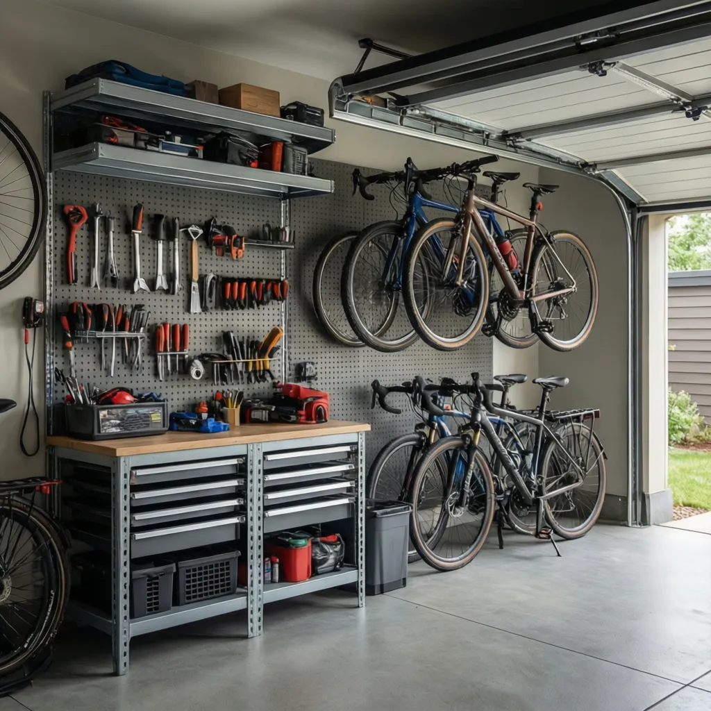 Sistema de almacenamiento vertical en garaje con herramientas y bicicletas