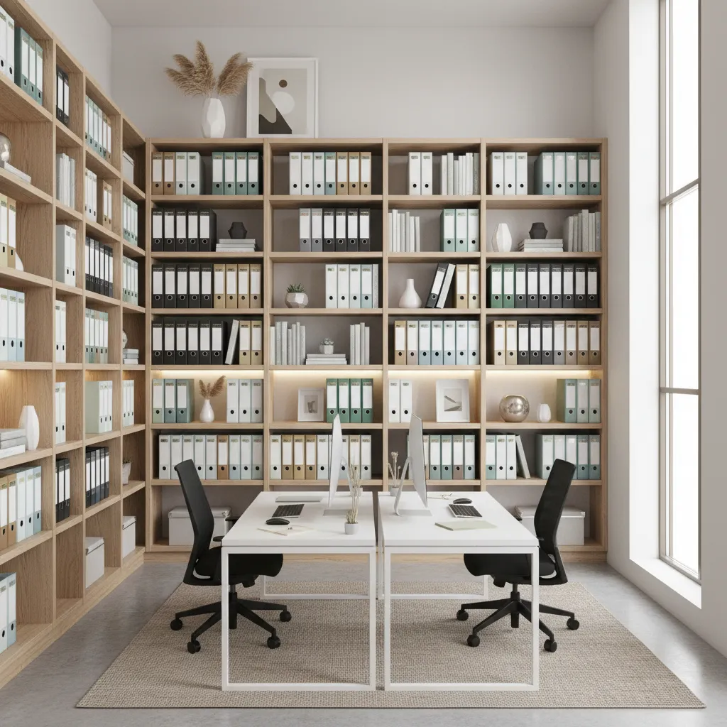 Office interior with floor to ceiling wooden bookshelves storing binders, white desks, and black chairs