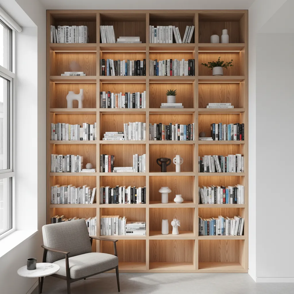 Estanterías verticales hasta el techo en un apartamento pequeño