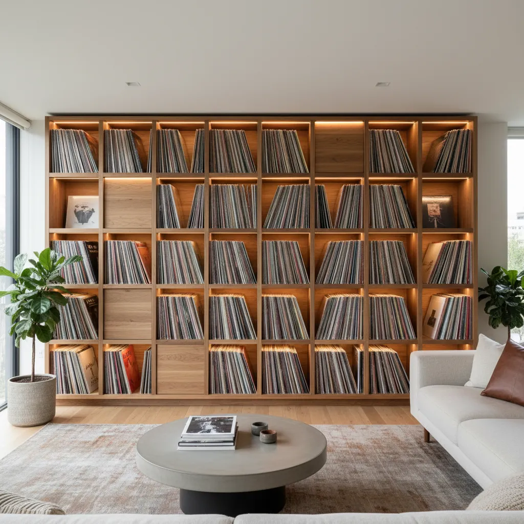 Large wood wall cabinet filled with records, lighted shelves, round coffee table and white sofa