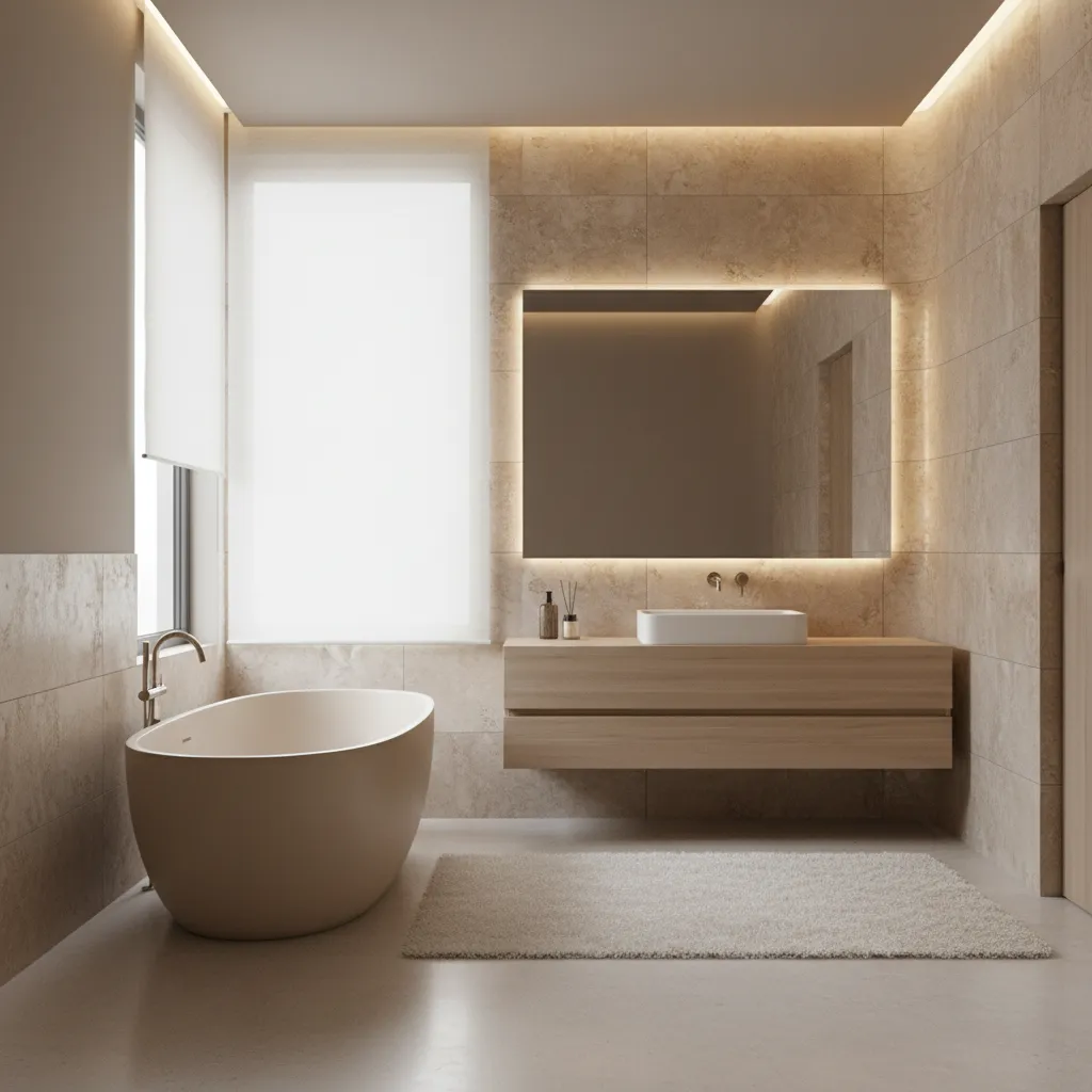 Almond bathtub with warm tile and neutral wall colors