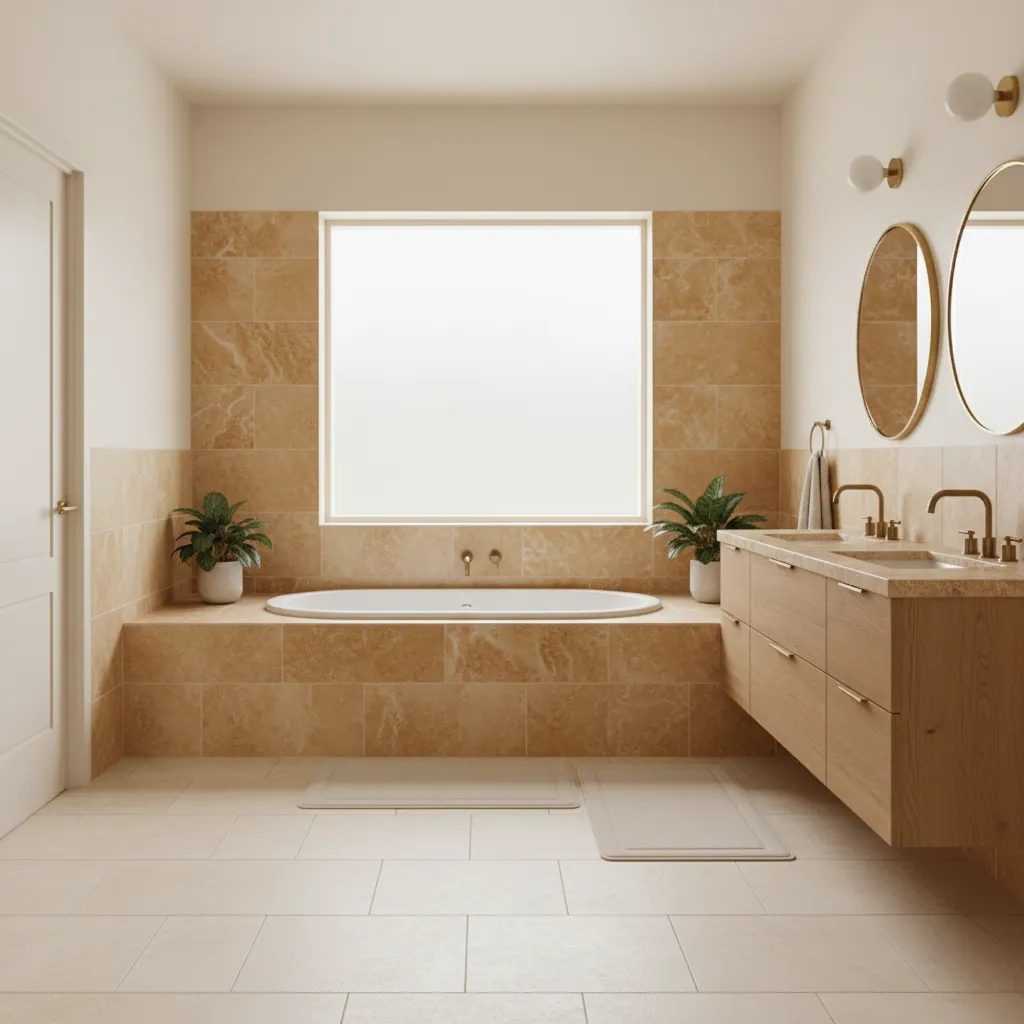 bathroom design that works with almond fixtures and warm neutral tones