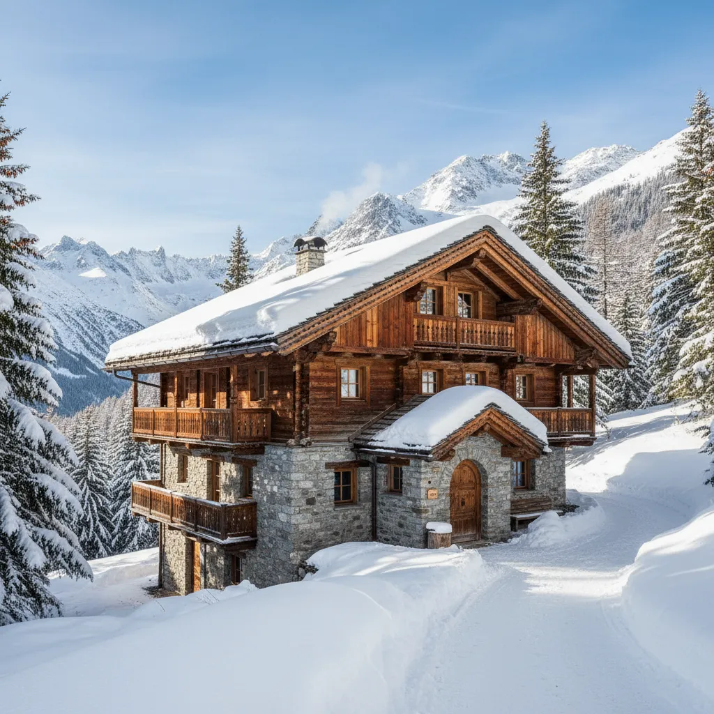 Traditional stone and wooden house covered in snow with mountains and pine trees in winter