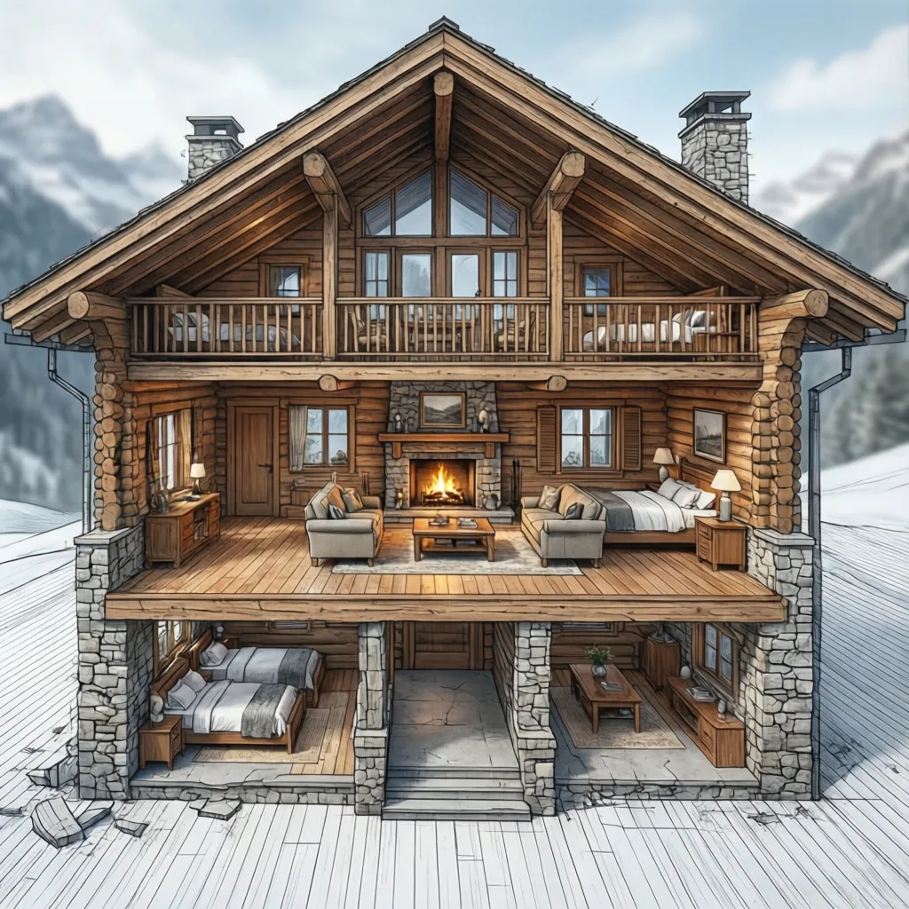 Interior design drawing showing three floors of wooden cabin with bedrooms fireplace and living room