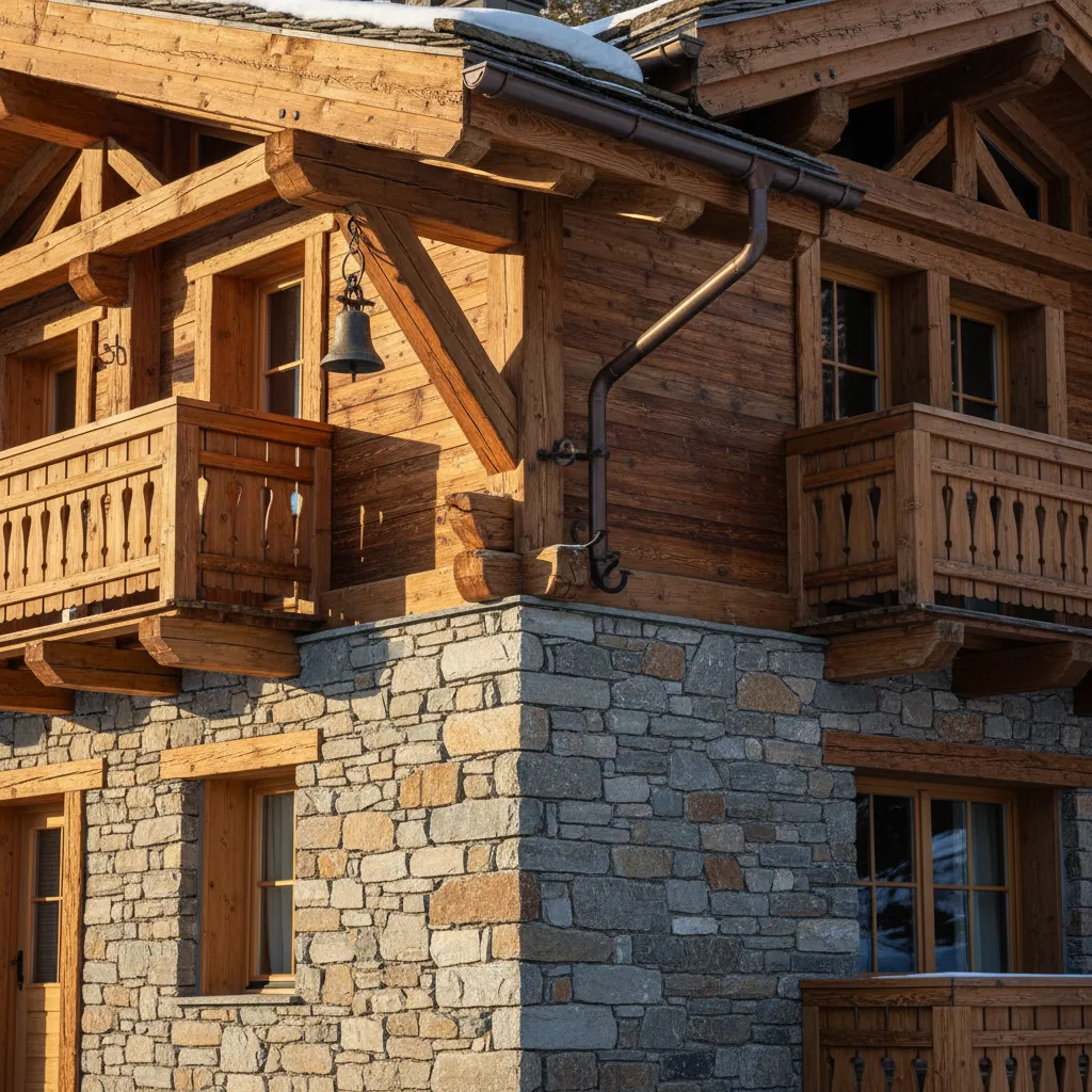 Rustic mountain house exterior with stone walls wooden balconies and a small hanging metal bell