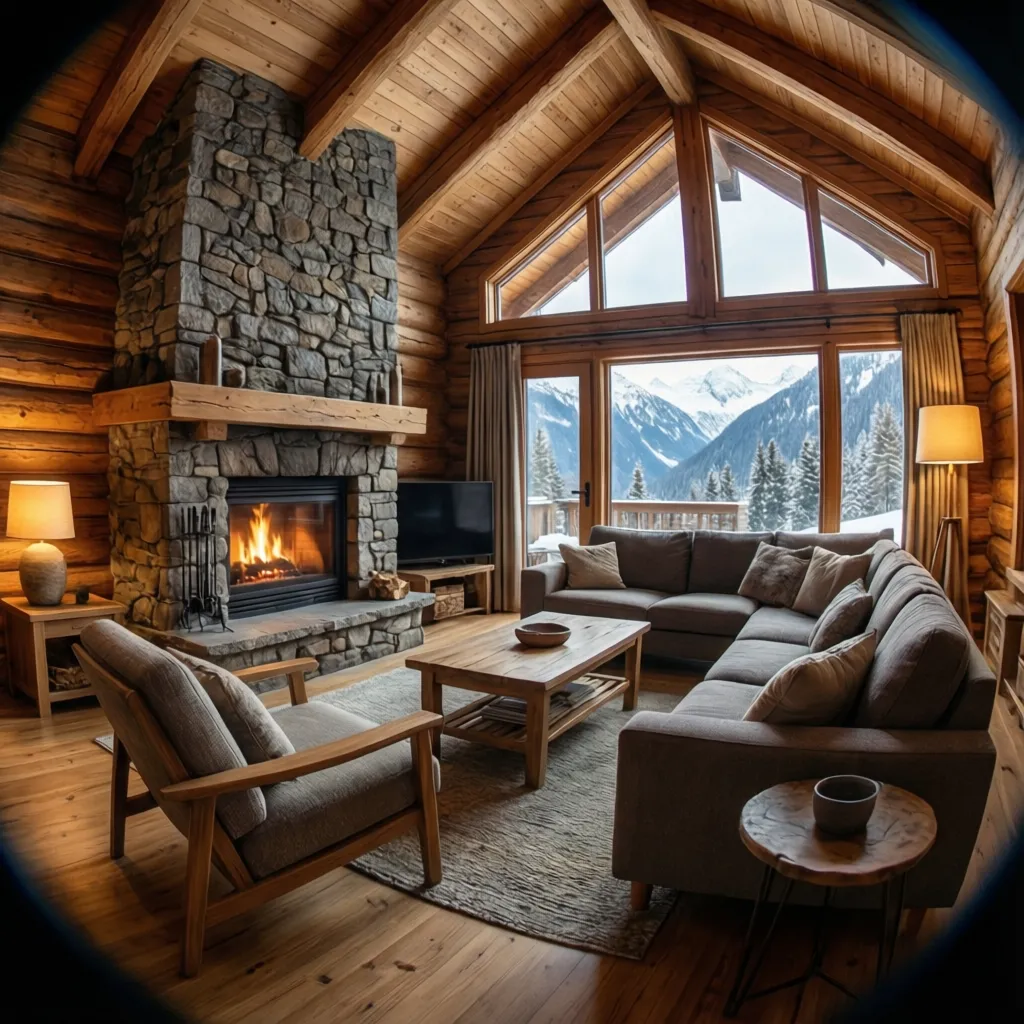 Wooden living room with a stone fireplace grey sofa large windows and snowy mountain view
