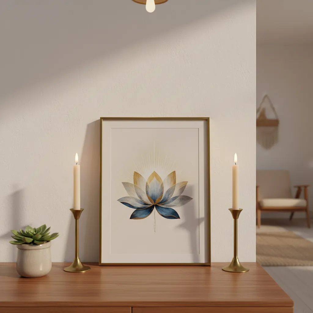 Altar doméstico con composición equilibrada de velas, imagen central y plantas