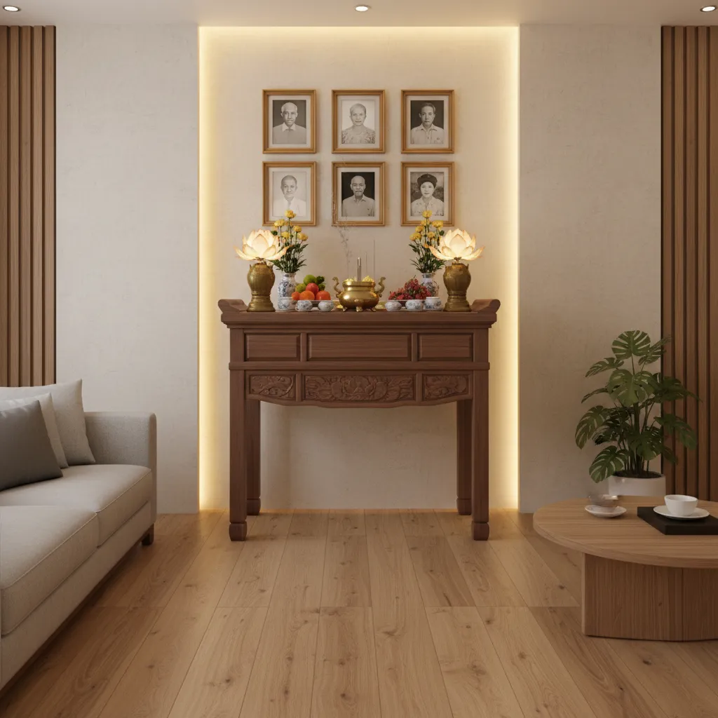 Wooden altar table with flower lights and framed photos in a modern living room design