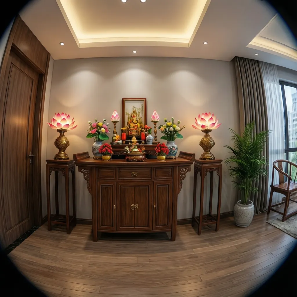 Traditional dark wood altar cabinet with lotus lights, flowers, and central religious art on wall
