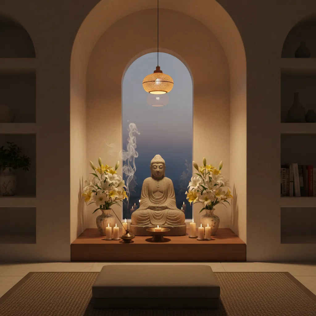 home altar illuminated with warm light and candles