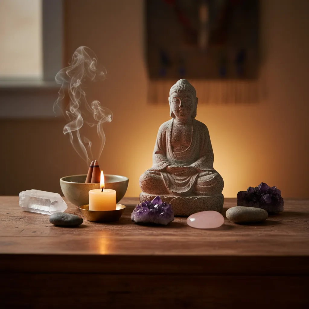 Close view of altar objects including statue candle incense and crystals