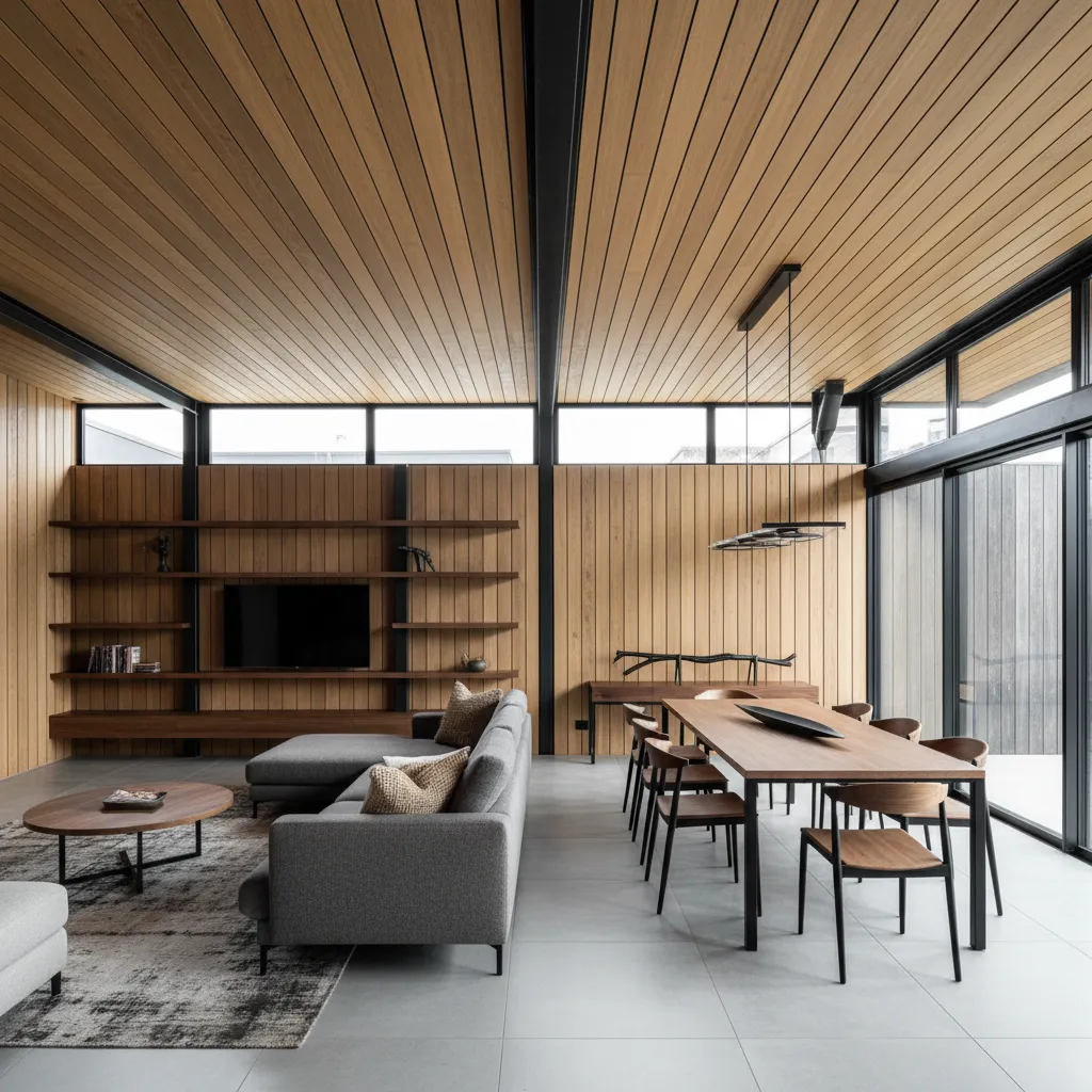 Interior donde se alternan materiales como madera y metal
