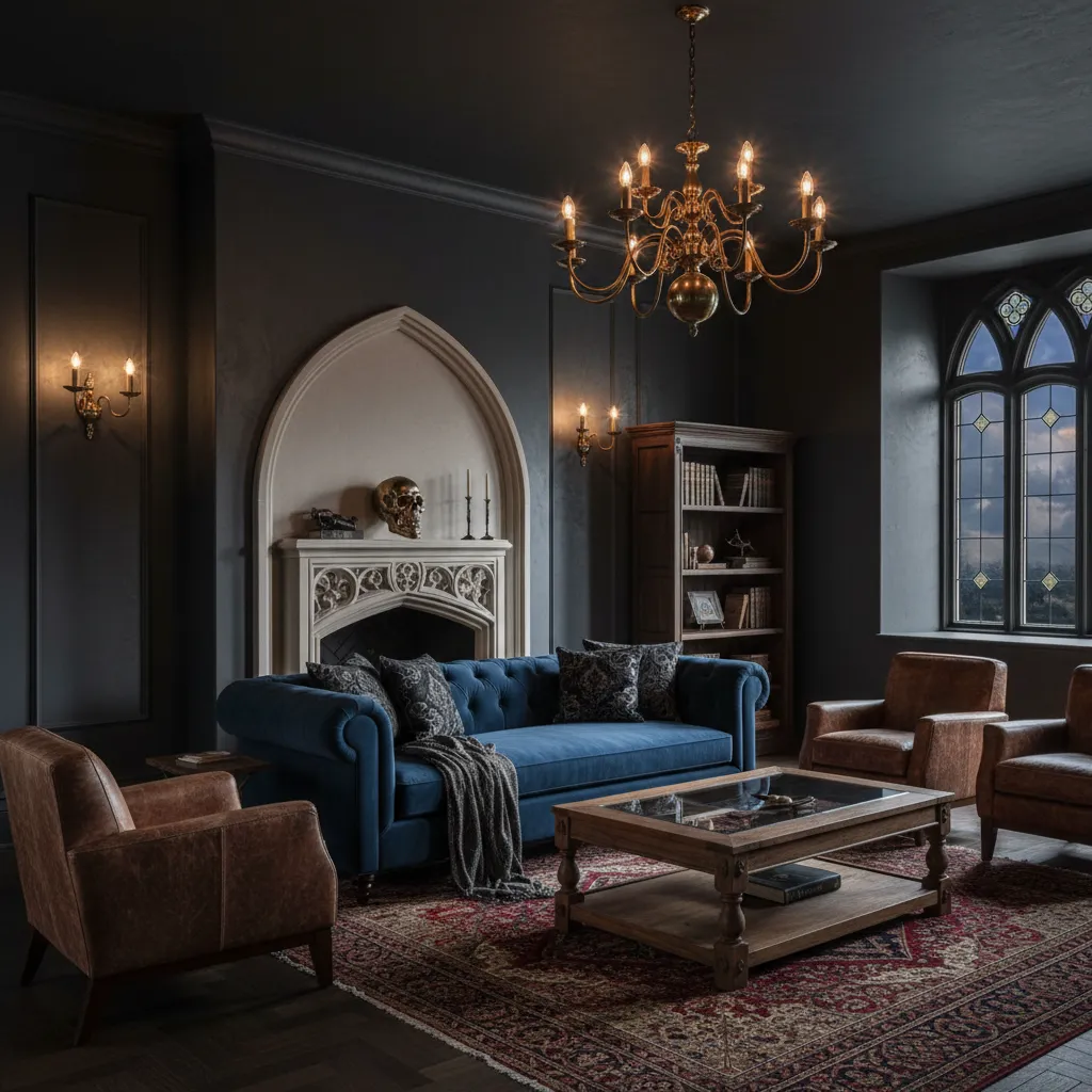 alternative gothic living room with dark color palette and skull decor accents