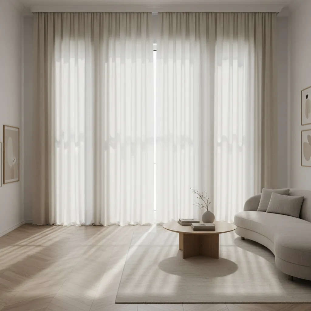 Bright living room with white sheer curtains, curved beige sofa, and sunlight on wood floor