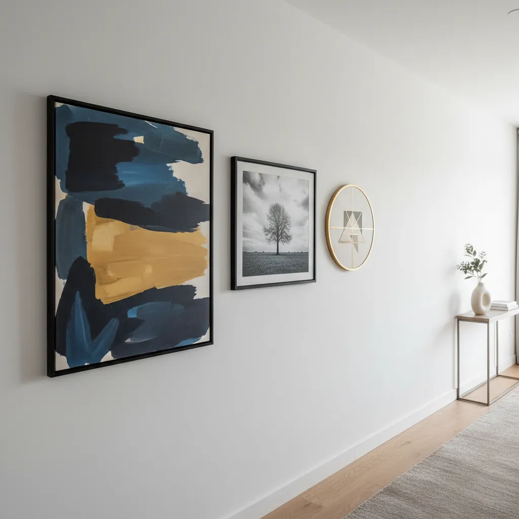 White hallway wall with abstract art framed photo round art and small table on floor