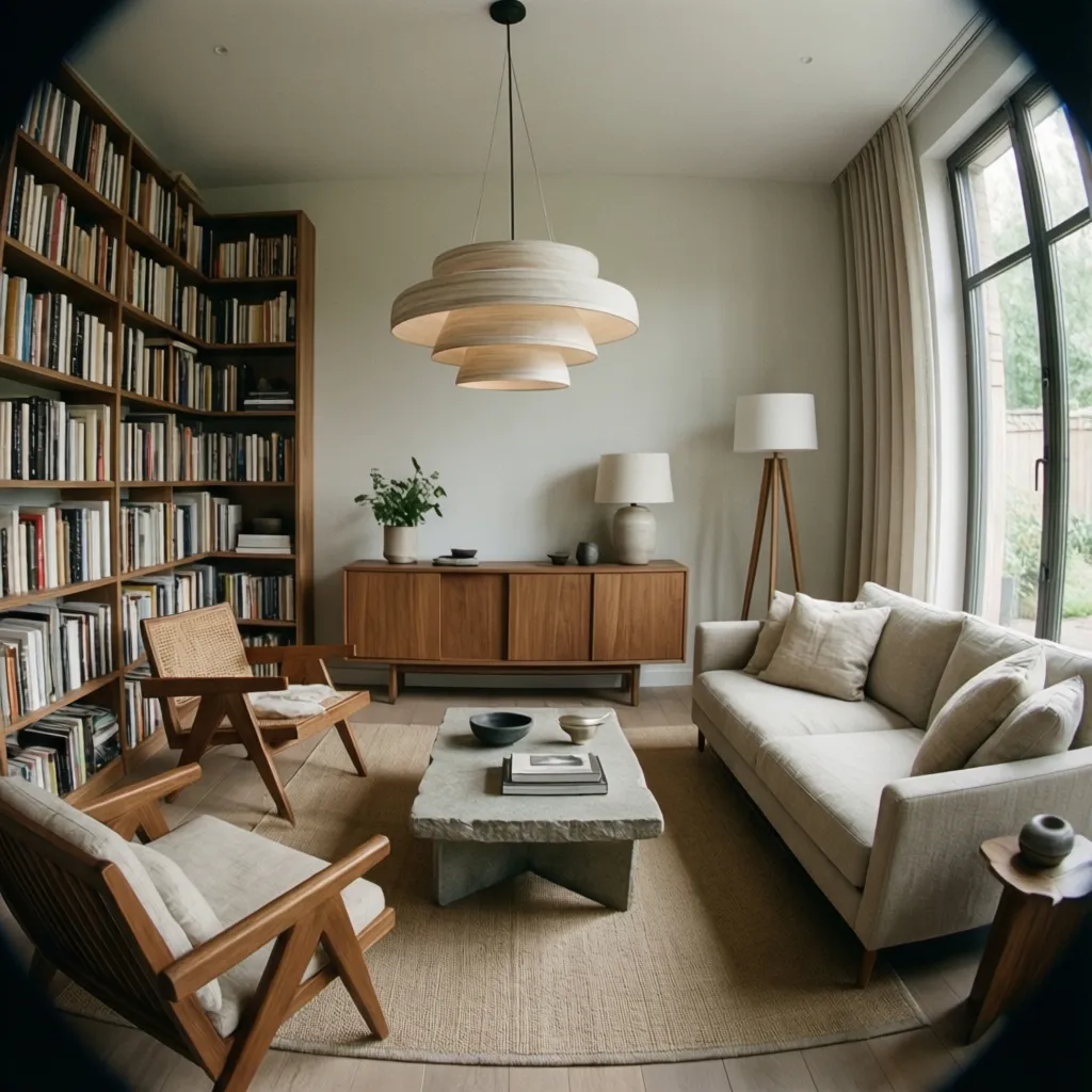 Sala con muebles de diferentes alturas creando dinamismo visual