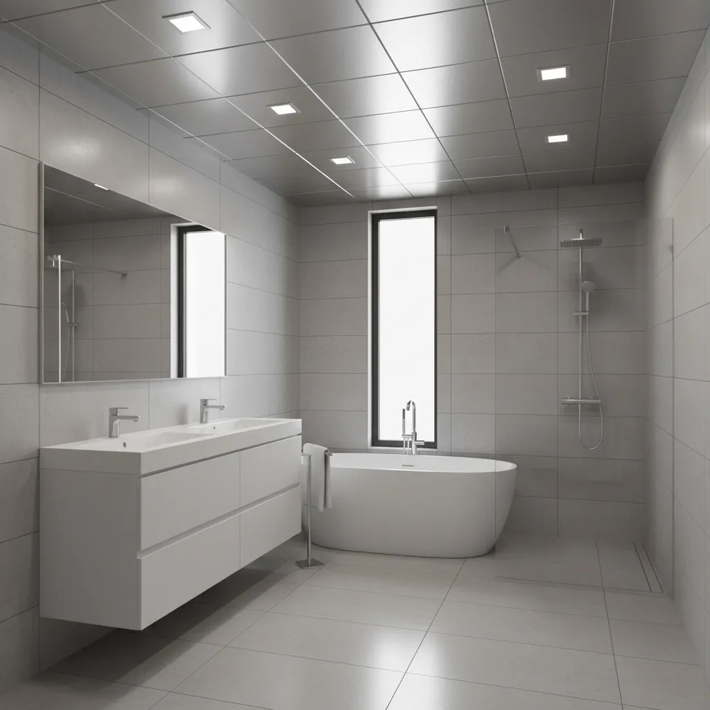 Aluminium panel ceiling system installed in modern bathroom