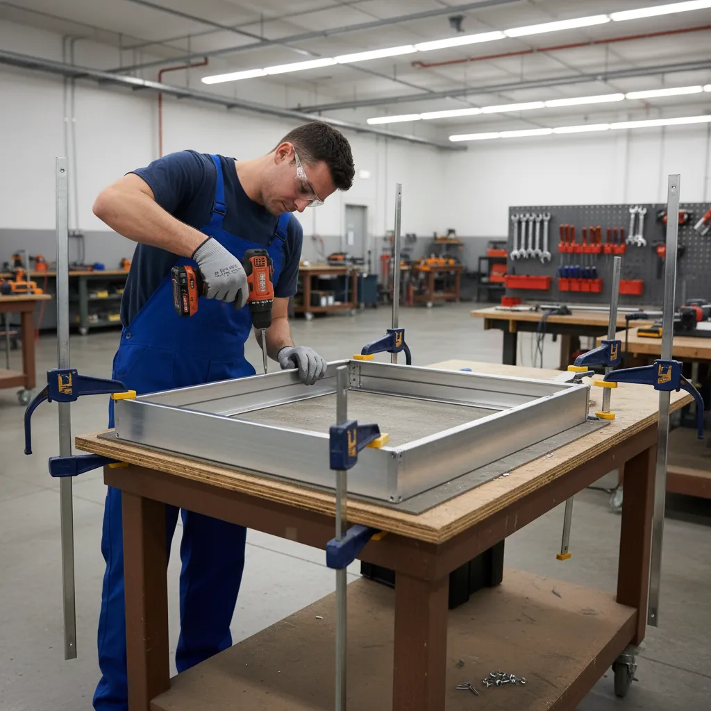 Fabricator assembling aluminium cabinet frame using drill and rivet gun