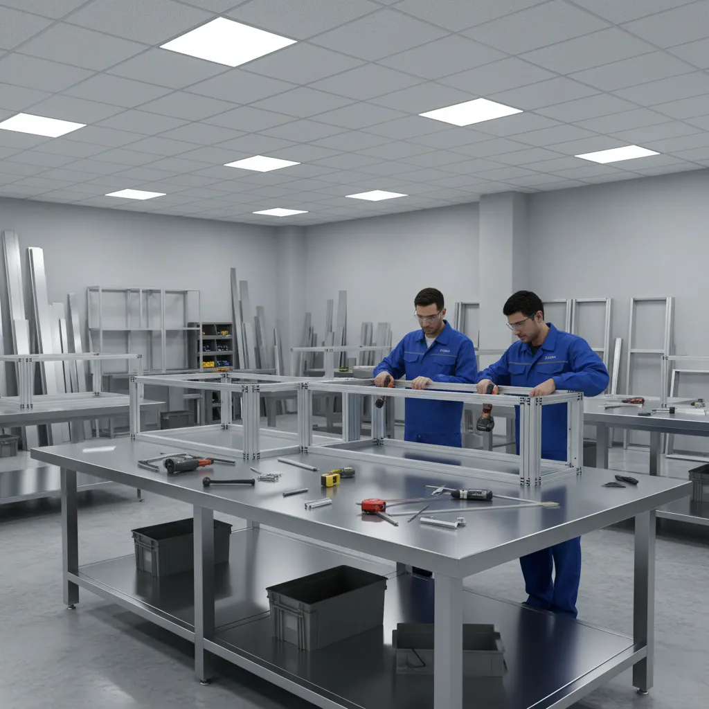 Aluminium kitchen cabinet frame assembly in workshop
