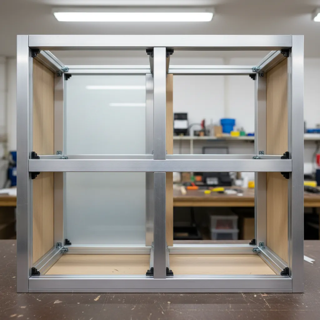 Close view of aluminium kitchen cabinet frame fabrication structure