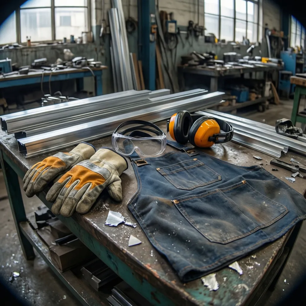 Safety equipment used in aluminium fabrication workshop including gloves goggles and ear protection