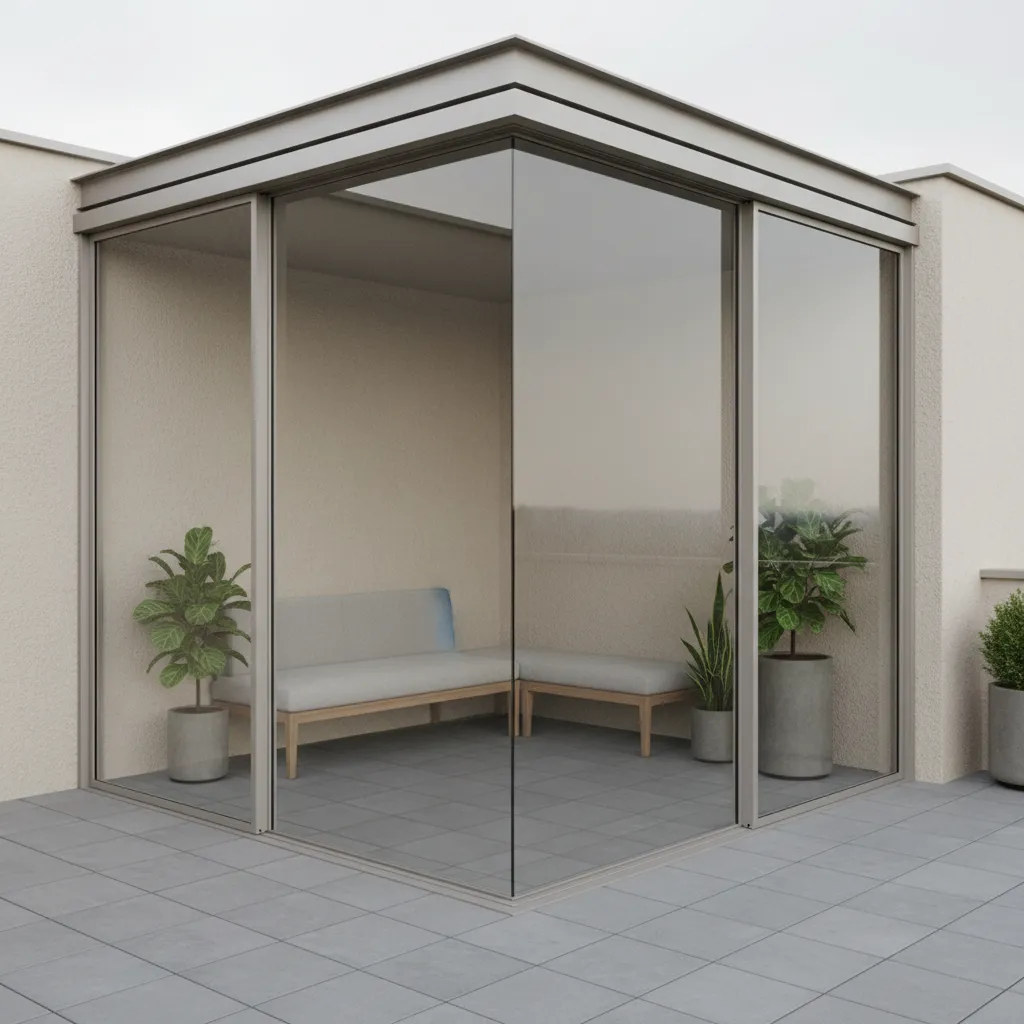 Aluminium frame structure for a 10x10 glass room with sliding panels