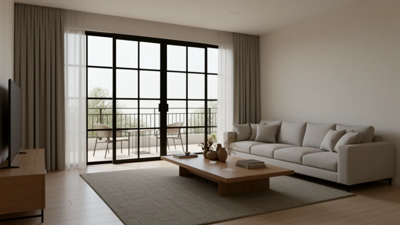 Black aluminium frame sliding doors in a contemporary Indian living room