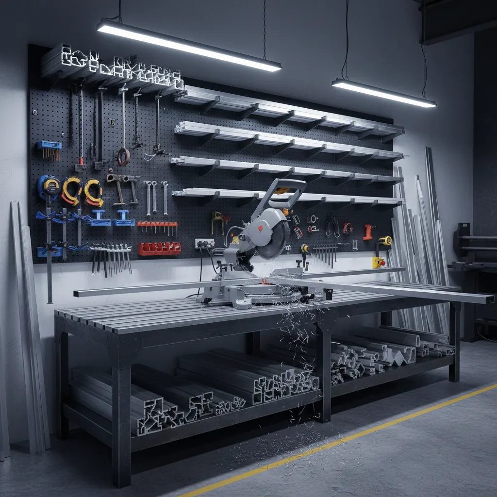 Aluminium profile cutting station with mitre saw and metal profiles