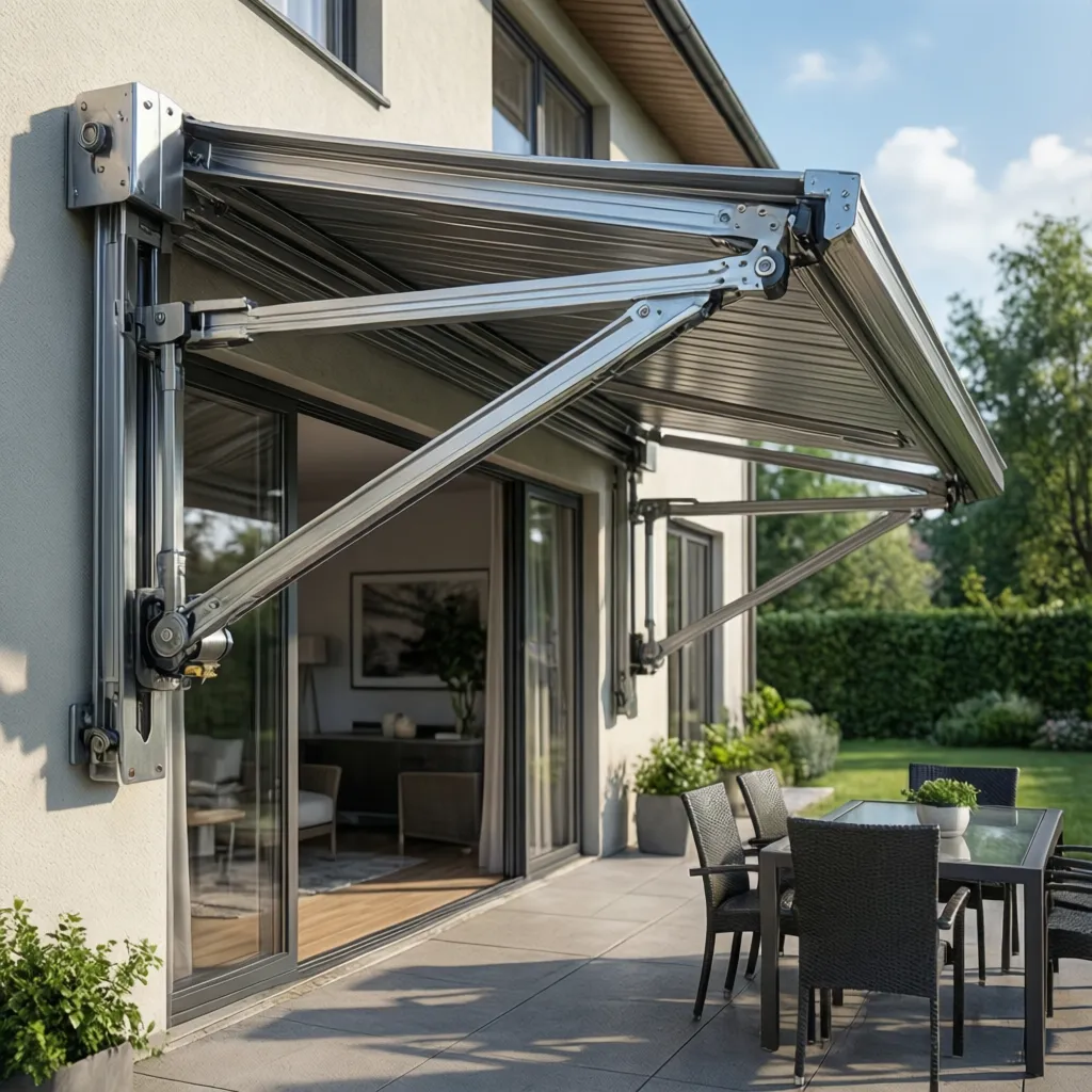 aluminum frame structure supporting a patio awning