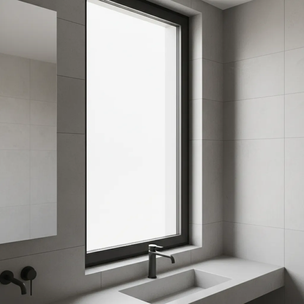 Slim aluminum bathroom window frame allowing large glass area