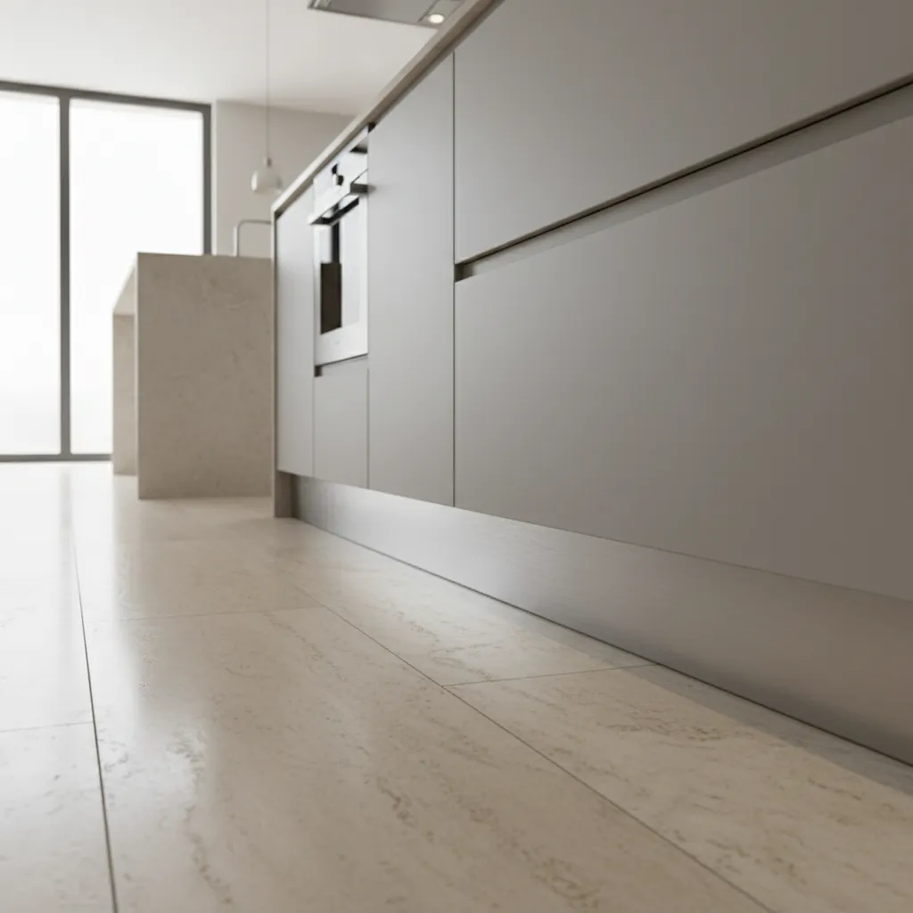 kitchen cabinets with brushed aluminum kick plates