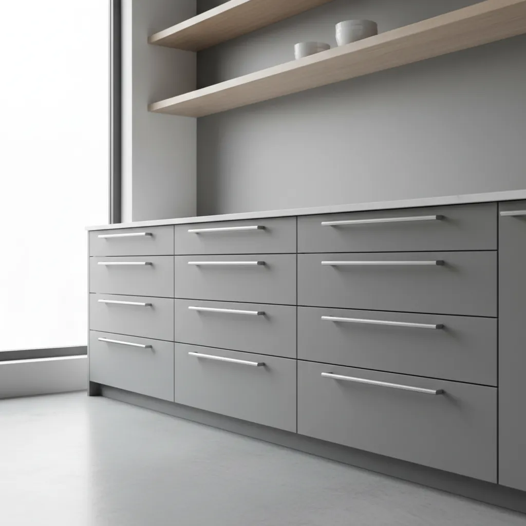Lightweight aluminum bar cabinet handles on modern drawers