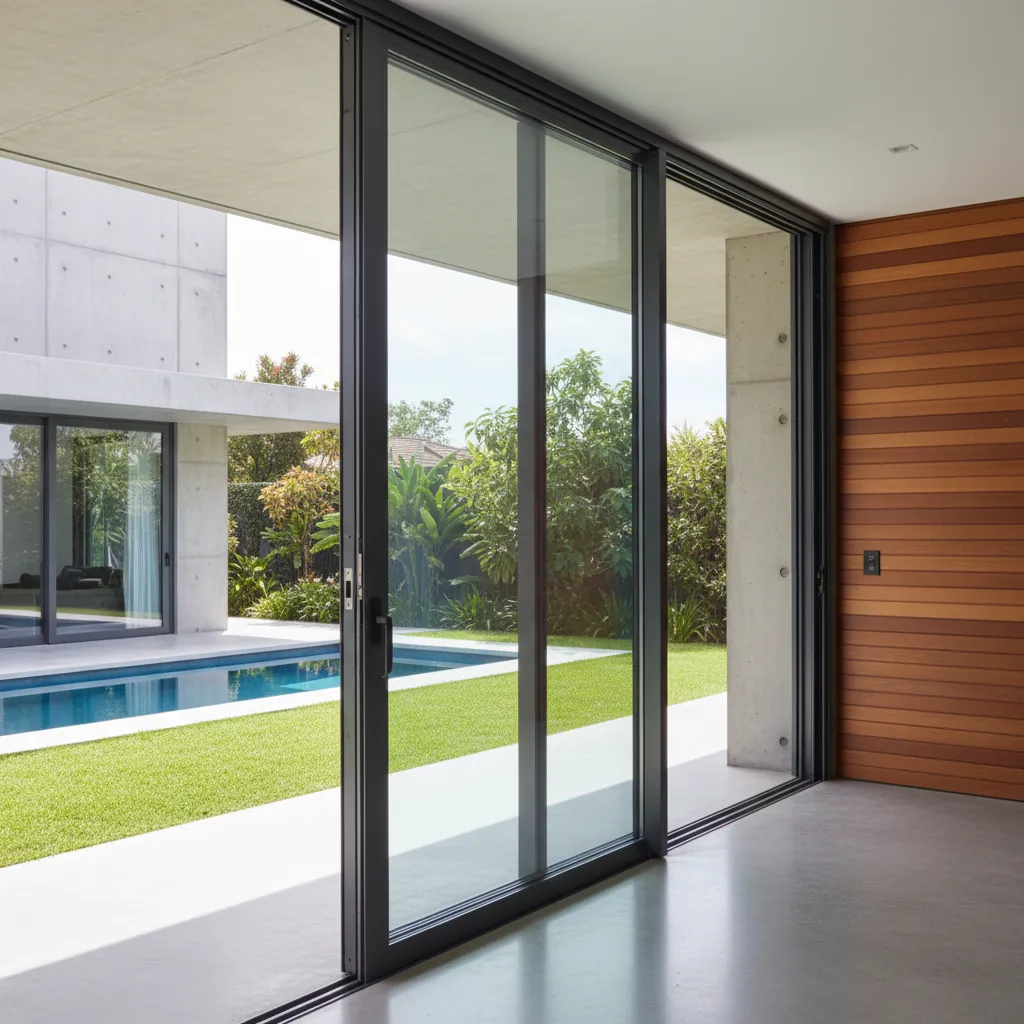 Ventana corrediza de aluminio en una casa moderna