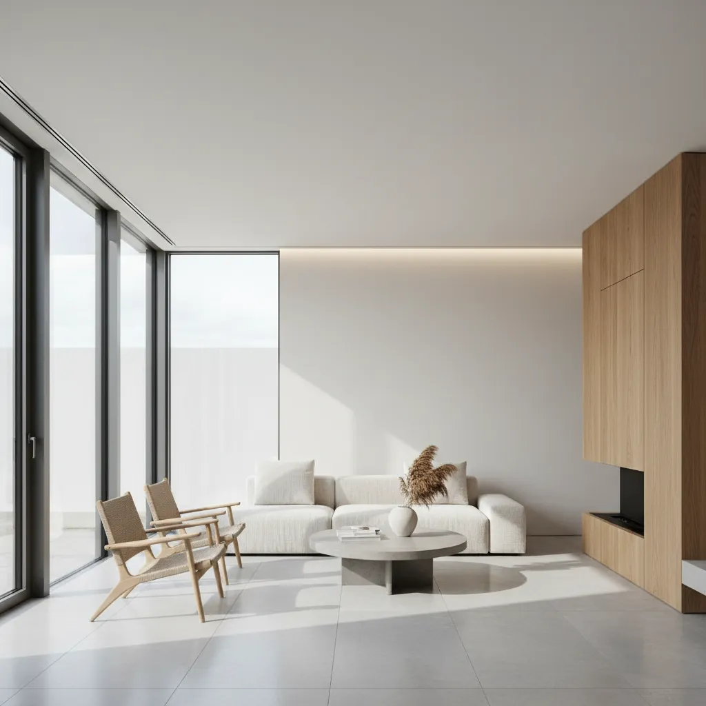 Minimalist living room with white sofa wooden chairs round stone coffee table and large windows