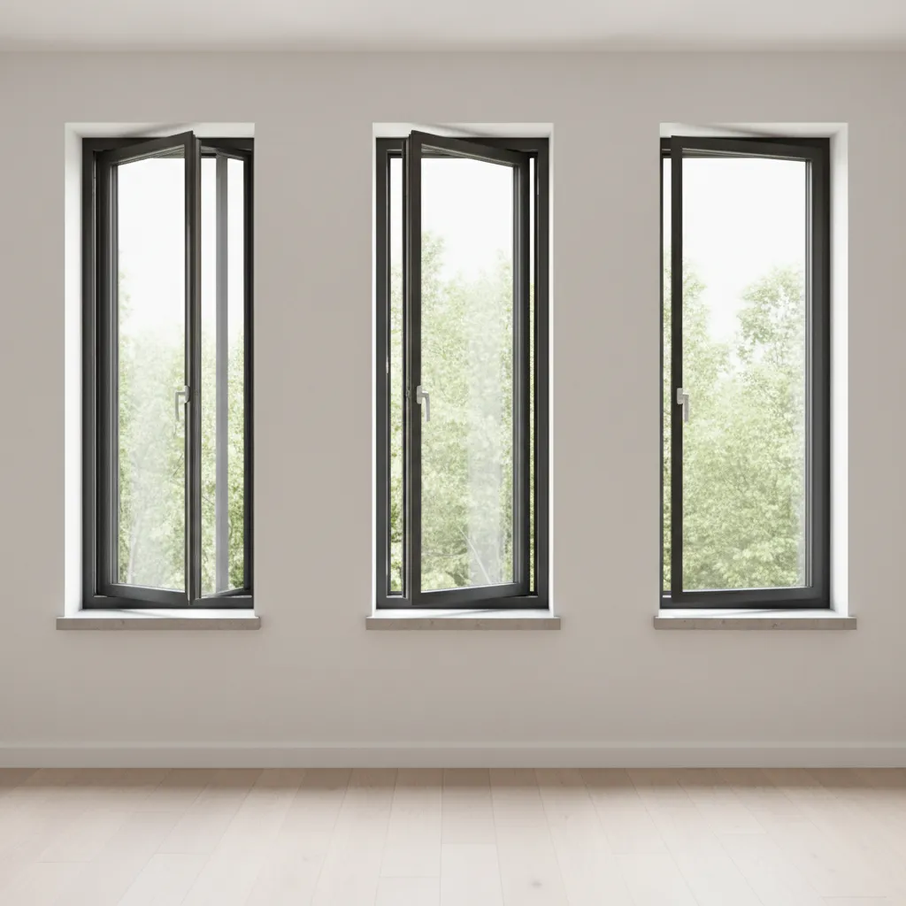 Three black framed windows on a white wall showing green trees outside in a room