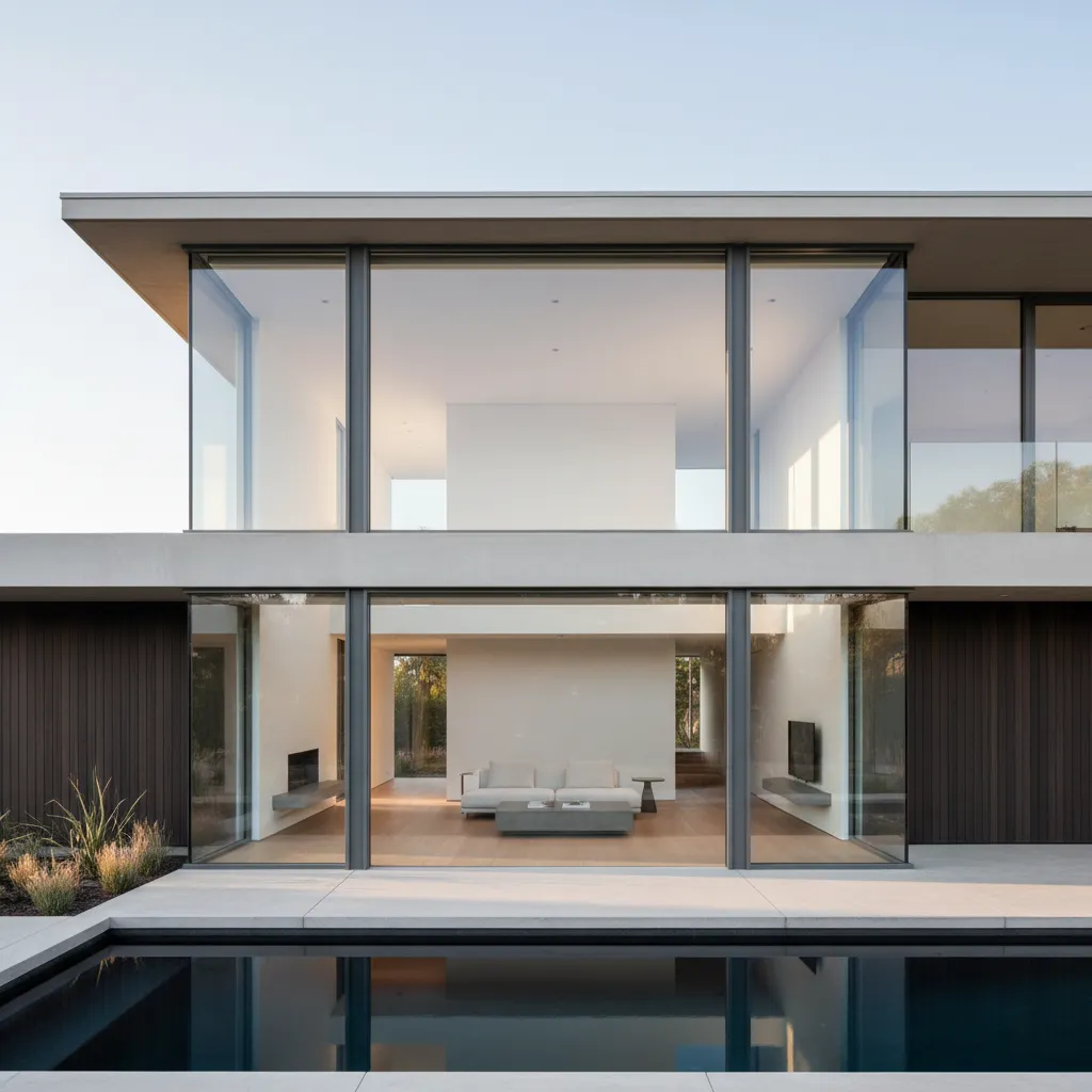 Modern two story house with large glass windows and swimming pool reflecting the bright sky