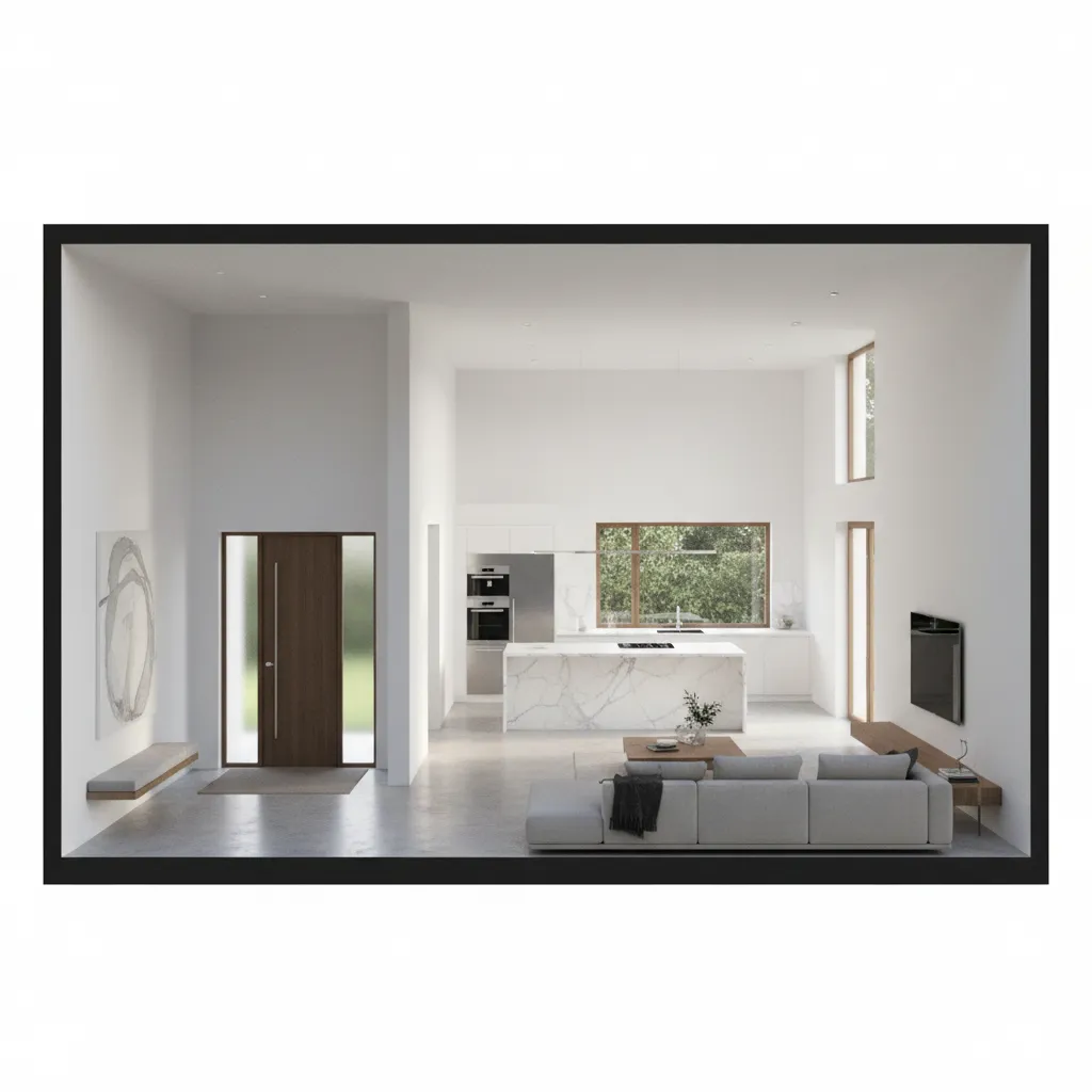 Modern interior design drawing of an open plan living room with grey sofa and kitchen