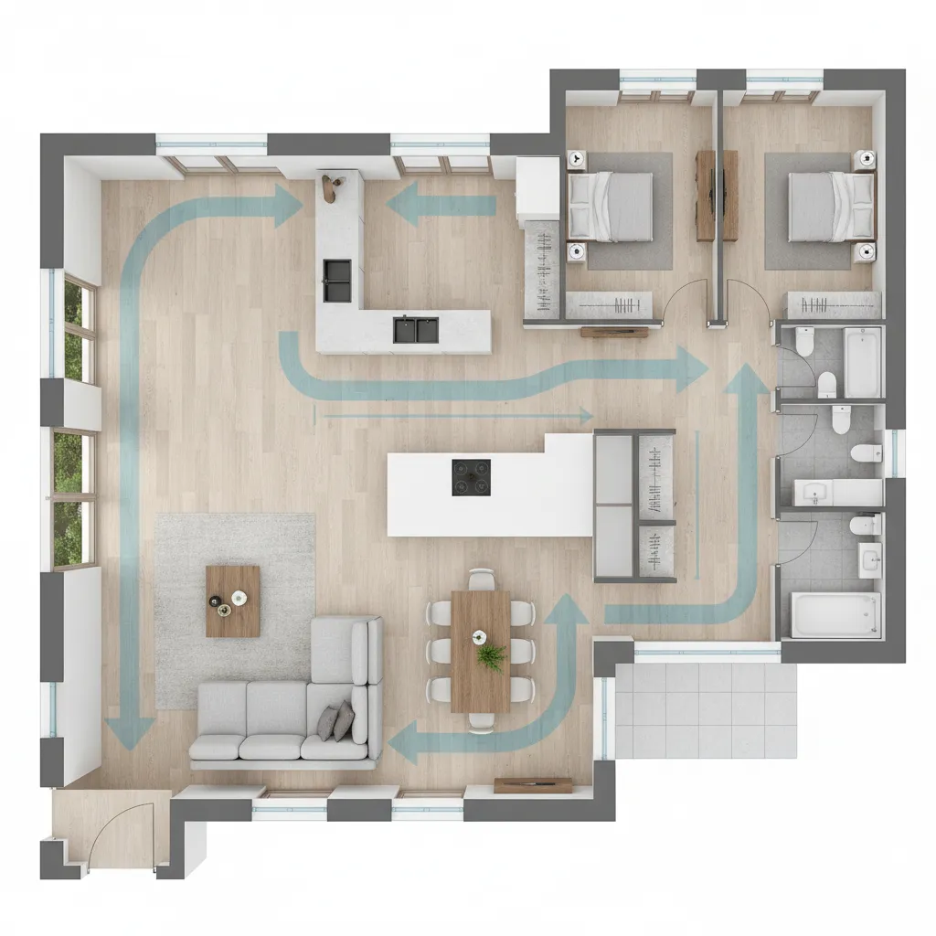 Floor plan showing the room layout with blue arrows to illustrate the house movement and flow