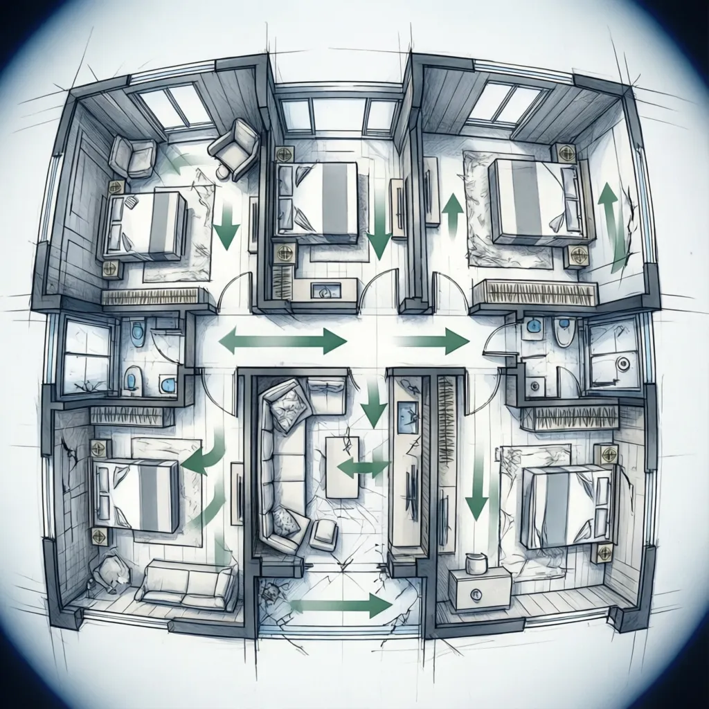 Ilustrasi alur sirkulasi ruang dalam denah rumah