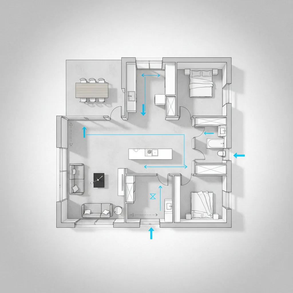 Interior design drawing of house floor plan with blue arrows showing movement paths through each room