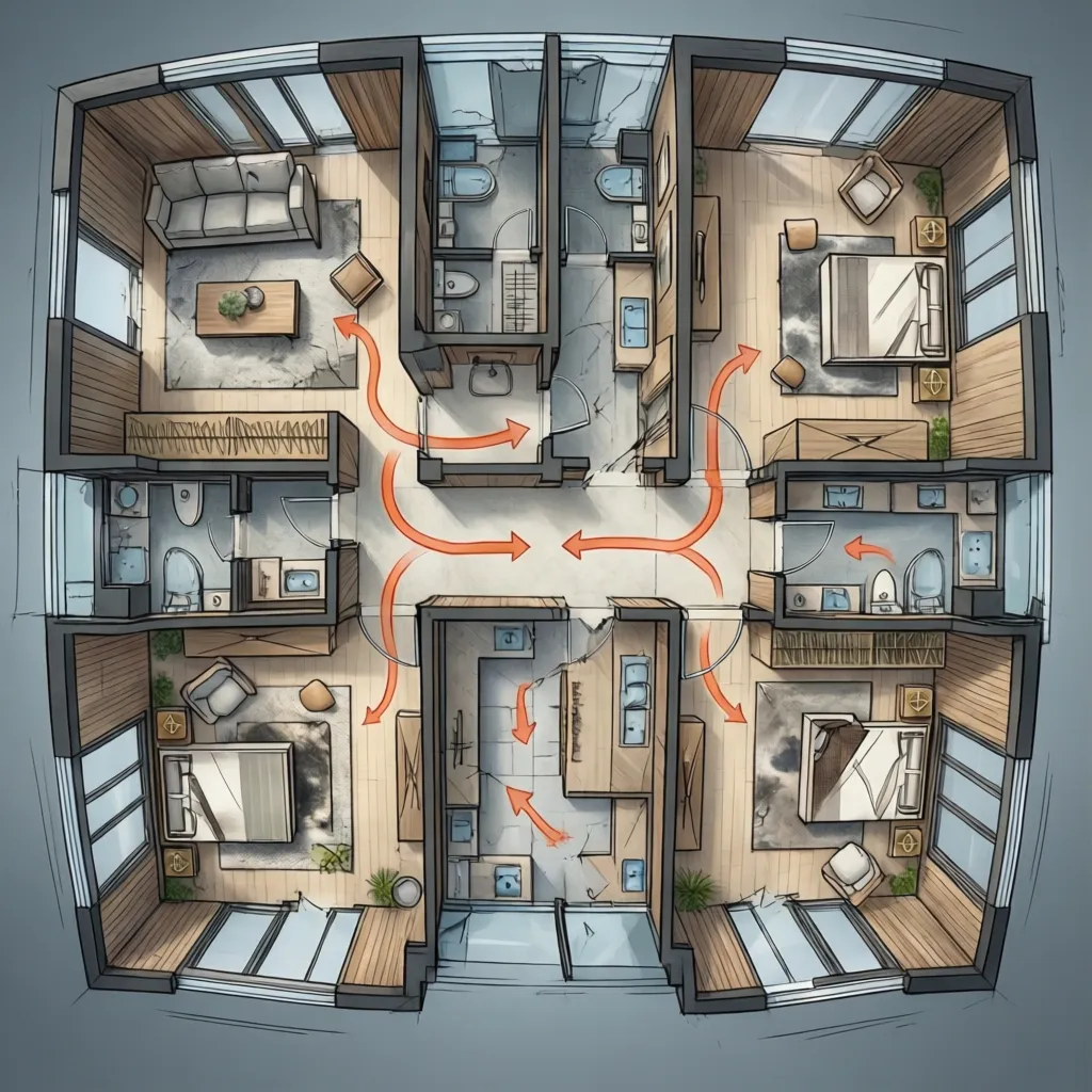 Interior design drawing with orange arrows showing movement flow between bedrooms living room and bathrooms