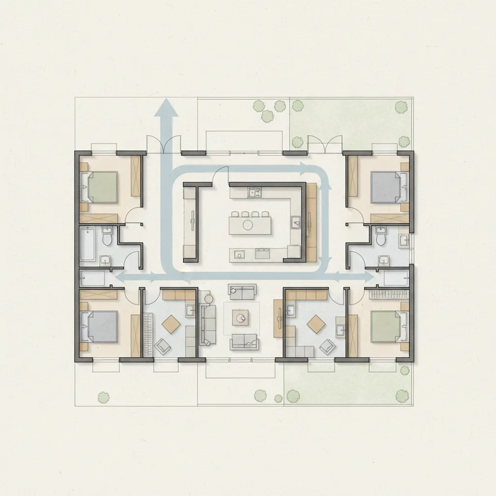 Floor plan layout with blue arrows showing the movement path through the kitchen and rooms