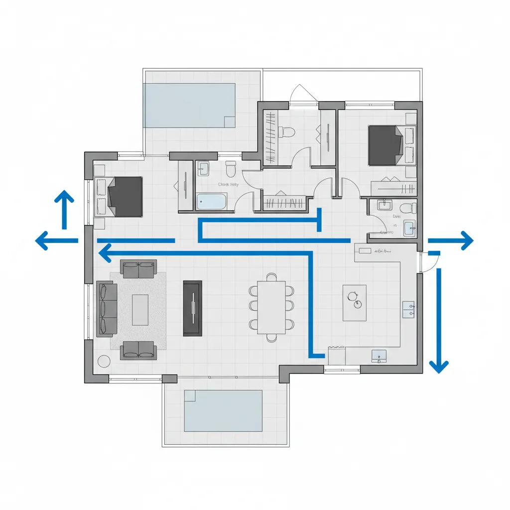 2D floor plan layout showing house circulation path with blue arrows and two swimming pools