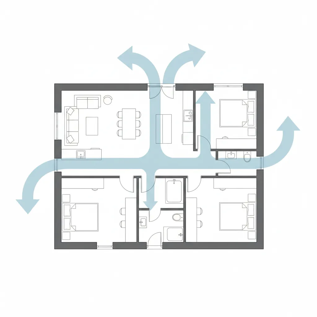 Simple home floor plan showing air flow and movement through rooms using light blue arrows